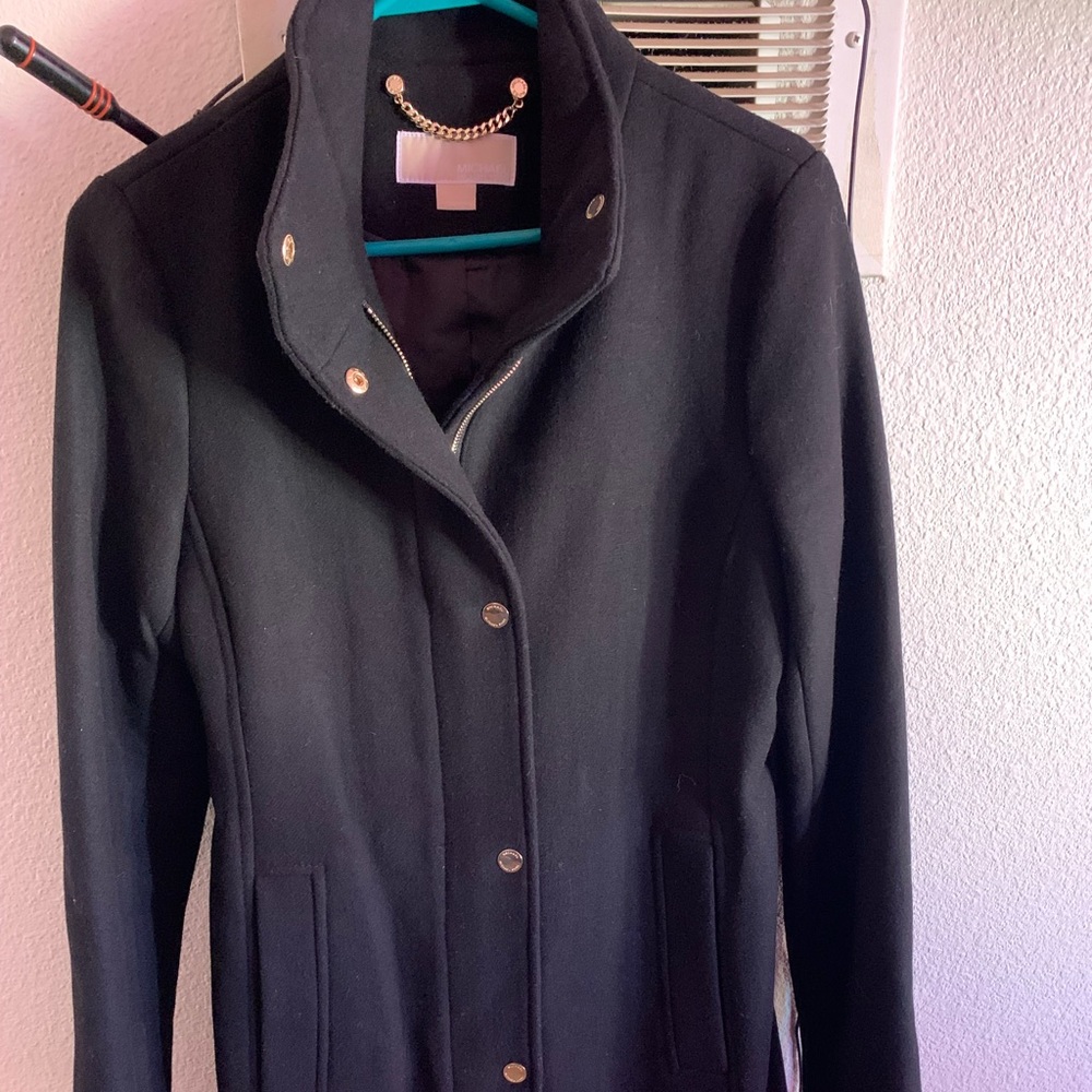 Long micheal kors black coat with gold buttons